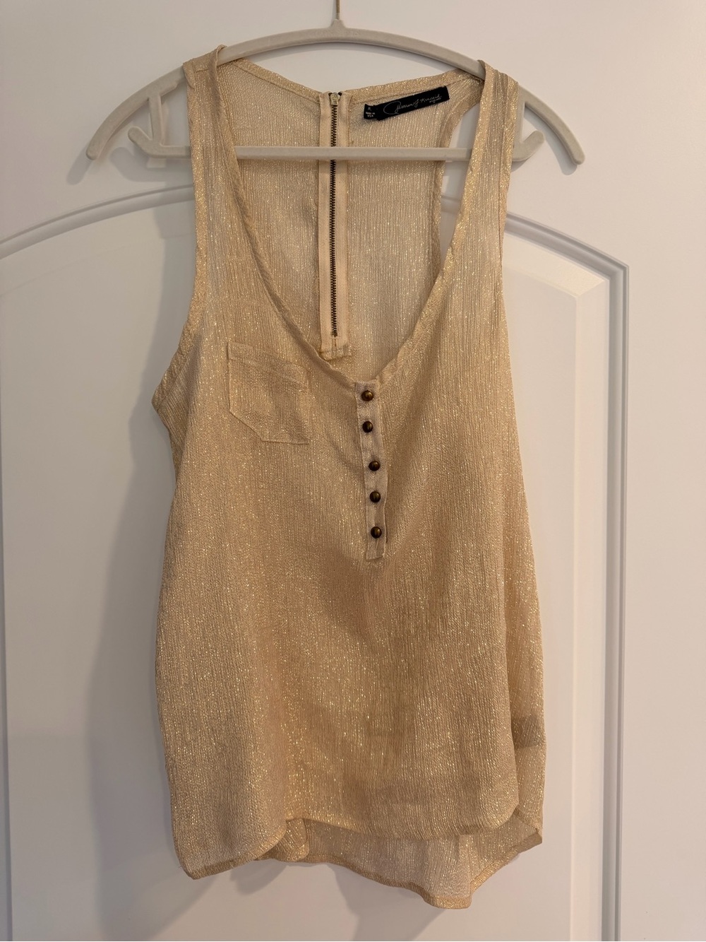 Patterson J. Kincaid Metallic Gold Sleeveless Sheer Scoop Neck Tank